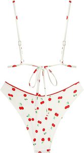 Conjunto de Bikini con Estampado de Cerezas para Mujer, Top Triangular con Escote Pronunciado, Braguita Tipo Tanga, Ribete en Contraste, Spandex, Poliéster Elástico - Product Image 3