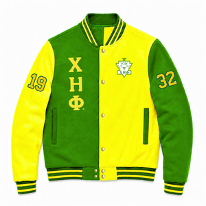 Veste universitaire personnalisée Chi Eta Phi Sorority, verte et jaune, manches longues, fermeture éclair sur le devant, col à bandes, logo brodé, coton. - Product Image 1
