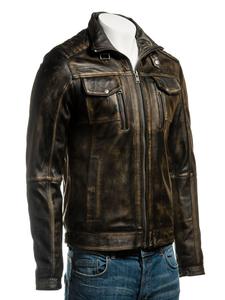 Blouson de moto réversible imperméable en peau de mouton cirée délavée noir et marron à col montant grande taille pour homme - Product Image 3