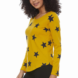 T-shirt jaune pour femme, T-shirt à manches longues, T-shirt à imprimé étoile, T-shirt à col rond, haut en coton tricoté décontracté, coupe régulière, toutes saisons - Product Image 3