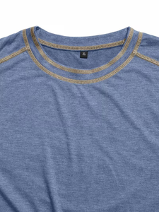 Camiseta de Manga Corta para Hombre, Cuello Redondo, Corte Regular, Color Azul, Ecológica, con Bloques de Color en Contraste, Tejido de Punto, Color Sólido, Estilo Casual - Product Image 4