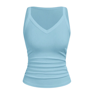 Camiseta sin mangas de punto elástico transpirable para mujer, cuello en V, ajuste ceñido, estilo camisola, sin mangas, suave, azul cielo, para verano - Product Image 3