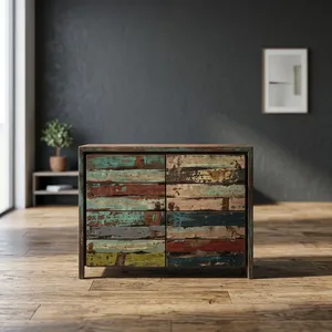 Small Wooden Sideboard <b>Cabinet</b> with Reclaimed Wood Finish <b>Rustic</b> Multicolor Drawers Compact Storage Organizer for Living Room - Product Image 4