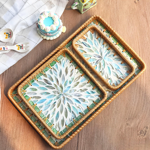 Plateau de rangement rond en rotin et nacre, 16 pouces, pour artisanat, panier de rangement, vente en gros - Product Image 3