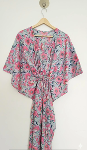 Vestido Kaftán de Algodón Floral Ecológico con Estampado Flocado, Kimono Largo Maxi, Bata de Noche, Ropa Casual para Resort, Maternidad India Natural - Product Image 1