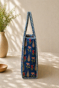 Vintage Fashion Bohemian Floral Quilted Tote <b>Bag</b> with Zipper Closure Jaipur Hand Block Print for Women <b>Summer</b> Use - Product Image 3