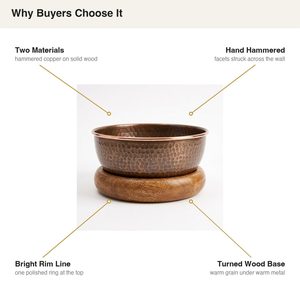 Handmade 24 cm Copper Decor Bowl with Antique Bansi <b>Wood</b> Detail Dual Material for Home Decor and Hotel Use - Product Image 5