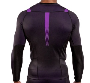 Wholesale Rash Guards For <b>Mens</b> Custom Purple <b>Stripe</b> Panelled Round-Neck Stretchy Full <b>Sleeved</b> Rash Guards on Competitive Prices - Product Image 3