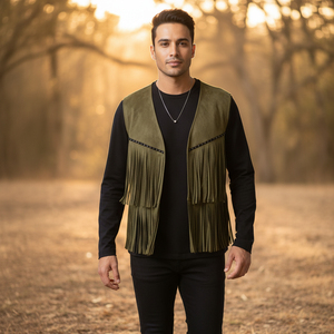 <b>Men</b> Canvas Fringe Vest Western Cowboy Style Sleeveless Plus Size Winter Waterproof Fashion Vest Olive <b>Stud</b> - Product Image 1