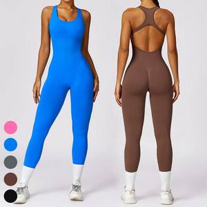 Custom Fashion Seamless High Waist Yoga <b>Jumpsuit</b> Solid Color Full Length Bodysuit With Hollow Out Back Design For Women Fitness - Product Image 2