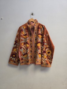 Open Front Women's Suzani Velvet Jacket Handmade Autumn/Winter Unisex Stand Collar Inside Cotton Lining Boho Chic <b>Coat</b> - Product Image 1
