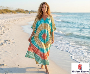 Vestido Kaftán Boho Tie Dye Personalizado para Mujer, Largo hasta el Tobillo, para Playa, con Manga Corta, Ropa de Verano para Resort, Fabricante y Proveedor OEM ODM - Product Image 5