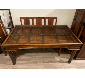 High Quality Modern Luxury Royal Eco-Friendly Durable Teak Wood Round Carved Dining <b>Table</b> 4 Chair <b>Bench</b> Restaurant <b>Set</b> - Product Image 6