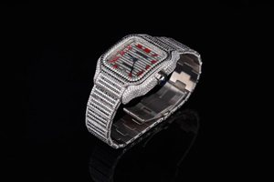 Iced Out Red Roman Numerals <b>Watch</b> Silver Square Automatic Men <b>Mechanical</b> Bust Down Luxury Hip Hop Bling Moissanite <b>Watch</b> - Product Image 3