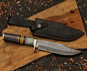 Couteau Bowie droit en acier Damas fait main A&M ENTERPRISES, manche en bois, couteau de chasse, de survie et de camping industriel. - Product Image 1