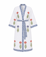 Robe en coton brodée de fleurs pour femmes, col en V, manches trois quarts, longueur genou, vêtements de nuit classiques doux, blanc avec bordure bleue