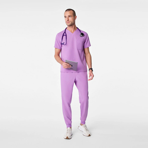 Haut de blouse médicale violet pour homme à col en V avec poche, uniforme d'hôpital en tissu tissé coton-polyester - Product Image 5