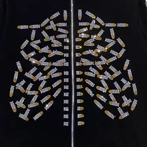 Sweat-shirt à capuche noir pour homme, design crâne en strass, style hip-hop surdimensionné avec fermeture éclair, vêtement d'automne - Product Image 5