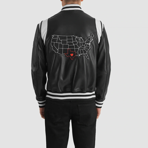Men's Black PU Varsity <b>Jacket</b> Regular Fit Turn-Down Collar Button Closure Embroidered Letter J Patch Design Autumn Wear - Product Image 6
