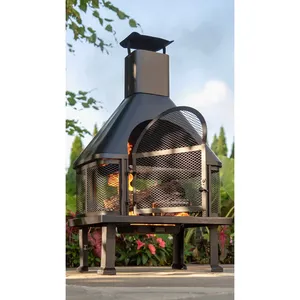 Cheminée en métal 2-en-1 de 47 pouces pour brûler du bois, avec grille de cuisson, écran anti-étincelles, portes et cheminée pour patio et jardin - Product Image 2
