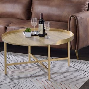 Mesa de centro redonda superior estilo bandeja dorada y roble - Product Image 2
