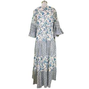 เดรสยาวพิมพ์ลายบล็อกสำหรับผู้หญิง ผ้าฝ้าย พิมพ์ลาย ทรงหลวม สไตล์โบโฮ ขายส่ง คอกลม ชุดลำลอง - Product Image 4