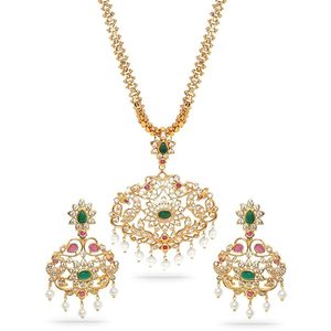 Conjunto de Collar Largo, Pendientes y Diadema de Aleación Chapada en Oro Indio con Diseño de Flor de Perlas de Imitación y Circones, Joyería de Boda para Mujer - Product Image 1