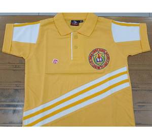 Camiseta de uniforme escolar unisex para primaria con impresión de logotipo personalizado, material de algodón, diseño de cuello azul para niños a precio económico. - Product Image 1