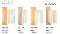 Ensemble de couverts jetables modernes biodégradables en bois, vente en gros du Vietnam, avec serviette incluse, couteau, cuillère, fourchette pour fêtes