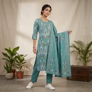 Women Aqua Blue Cotton Printed Straight Kurti <b>Pant</b> Dupatta Set Geometric Pattern <b>Three</b> <b>Quarter</b> Sleeve Ethnic Traditional Wear - Product Image 1