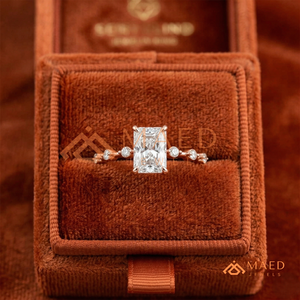 Rose Gold Radiant Cut Bubble Accent Solitaire – Unique <b>Pink</b> Gold Station Diamond Band - Product Image 4