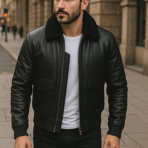 Blouson aviateur en cuir noir pour homme – Col en peau de mouton - Product Image 4