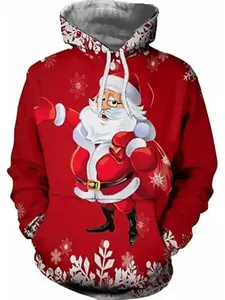Sweat-shirt d'hiver décontracté pour homme, coupe classique, rouge, imprimé Père Noël et sapin, avec poche kangourou, impression par sublimation - Product Image 2