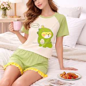 Ensemble de pyjama d'été décontracté en coton à volants vert et jaune pour femme, imprimé dinosaure de dessin animé, 2 pièces - Product Image 2