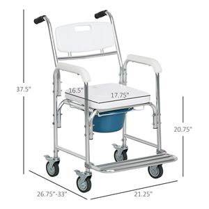 Sedia Comoda 3-in-1 Bianca Imbottita, Impermeabile, con Ruote, Capacità di Carico 150 kg, Sedia a Rotelle Portatile per Doccia - Product Image 3