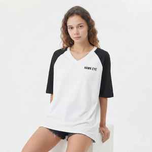 Women's <b>White</b> <b>V</b>-<b>Neck</b> Raglan Sleeve <b>T</b>-<b>Shirt</b> Loose Fit Cotton Jersey Casual Print Logo Top Spring Summer - Product Image 4
