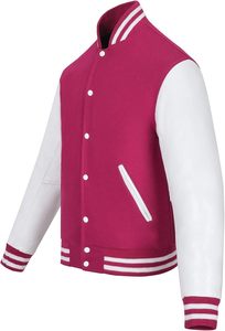 Men's Pink Varsity <b>Jacket</b> With <b>White</b> Sleeves And Striped Cuffs Casual PU Leather Letterman <b>Jacket</b> Autumn Wear - Product Image 2