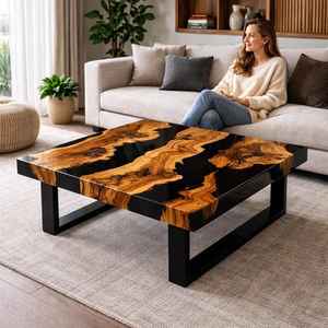 Mesa de Centro de Resina Hecha a Mano, Ecológica, con Borde Natural de Madera de Olivo, Color y Tamaño Personalizables - Product Image 2