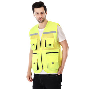 เสื้อกั๊กนิรภัยแบบ 5 จุด สีเหลืองสะท้อนแสง ANSI Class 3 ผ้าโพลีเอสเตอร์ตาข่าย ซิปด้านหน้า สะท้อนแสง DOT - Product Image 1