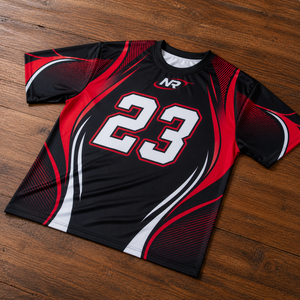 Camiseta de Baloncesto Sublimada Personalizada para Hombre, Negra, Roja y Blanca, Número 23, Cuello Redondo, Manga Corta, Ajuste Atlético, Absorbe la Humedad, 100% Poliéster - Product Image 1