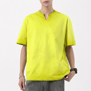 T-shirt décontracté à col en V surdimensionné pour homme, manches courtes, gris uni, tricoté - Product Image 2