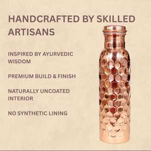 Bouteille d'eau en cuivre pur à 100 % Ayurveda, bien-être ayurvédique, bouteille de voyage anti-fuite de 32 oz, design diamant - Product Image 6