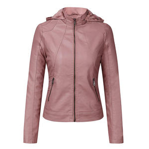 Chaqueta de moto de cuero PU rosa para mujer, de manga larga, con cuello alto y cierre de cremallera, color sólido, ideal para otoño. - Product Image 3