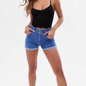 Shorts de Mezclilla de Cintura Alta para Mujer, Color Sólido, Cierre de Botones, Estilo Casual de Verano, Corte Regular, Azul - Product Image 1