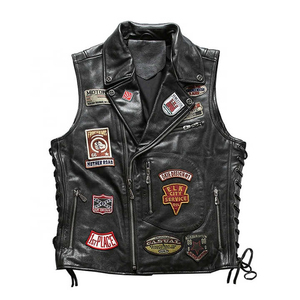 Chaleco de Cuero Negro para Hombre, Estilo Motero, Cuello Camisero, Cierre de Cremallera, Diseño con Parches, Prenda Exterior de Otoño, Corte Regular - Product Image 1
