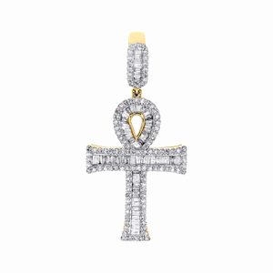 10K <b>Solid</b> Yellow <b>Gold</b> Channel Set Baguette Diamond Egyptian Ankh Cross <b>Pendant</b> 1.5" Charm 0.87 CT Hip Hop Men's Jewelry - Product Image 1