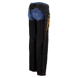 Samroz Sports Women's Motorcycle <b>Riding</b> <b>Chaps</b> Leather Seamless Customizable Embroidered Floral Design Black Denim Panel Pants - Product Image 4