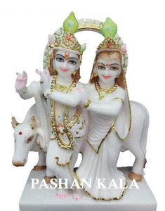 Statue Krishna en marbre, Statue en pierre naturelle avec vache - Product Image 4