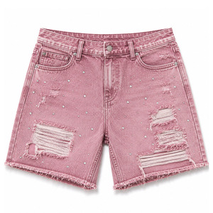 Shorts en jean déchirés à boutons et strass, sans coutures, décontractés, respirants, pour l'été, fabriqués au Pakistan - Product Image 1