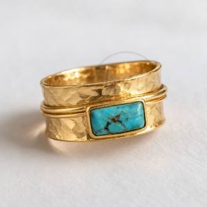 Anillo Giratorio de Banda Ancha con Constelación Budista Tibetana Tradicional, Hecho a Mano, Chapado en Oro de 18K, con Piedra Turquesa de Corte Esmeralda, para Mujer - Product Image 3
